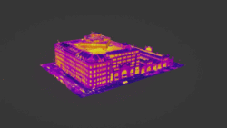 En roterande 3D-modell av en fastighet skapad med drönar-termografering där köldbryggor syns tydligt